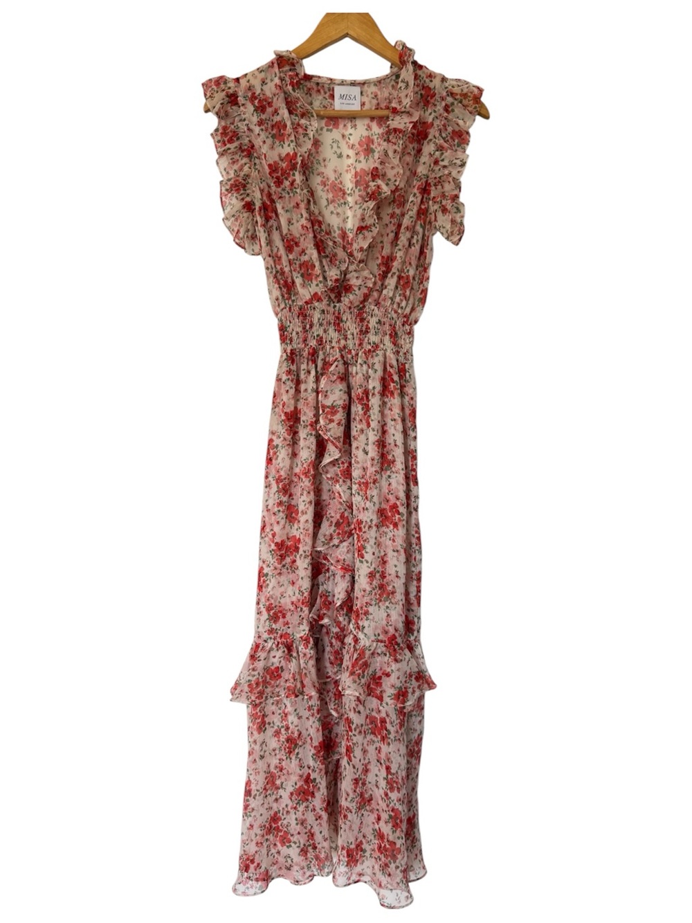 Misa Los Angeles Blush and Red Floral Ruffle Maxi Dress